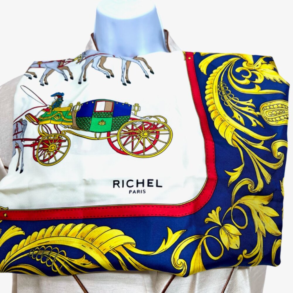 RICHEL Paris Silk Satin Scarf 34" blue gold white horse carriage, Italy Made(57 - Picture 3 of 9